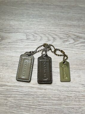 Set of 3 Coach Leather and Metal Key Tag- Taupe, Olive, Gold